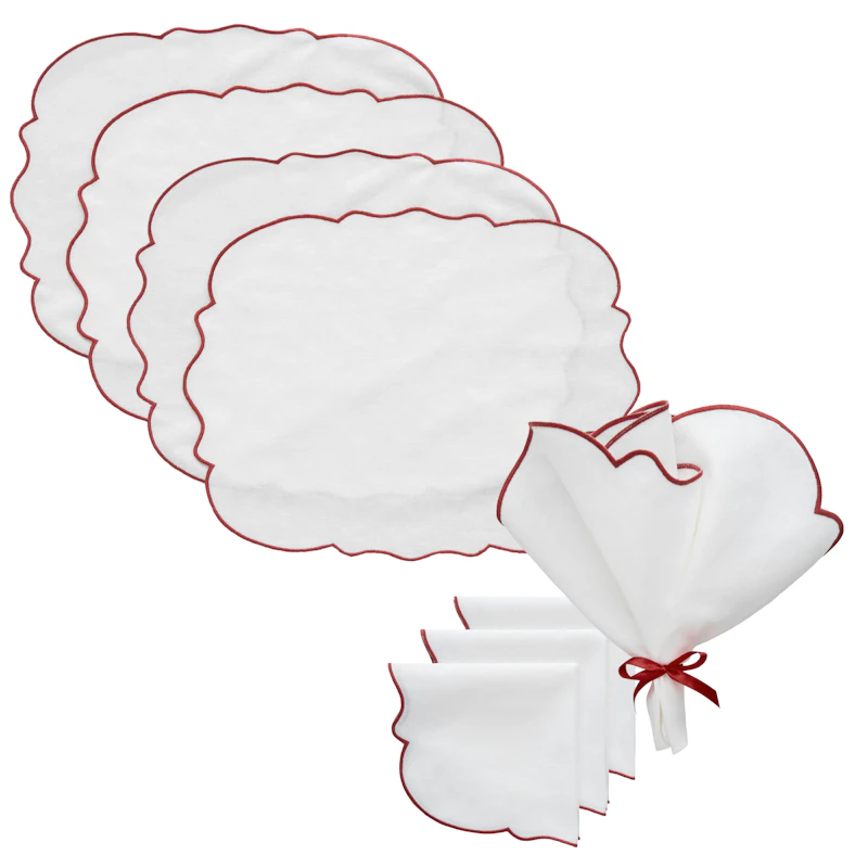 Gia Textile Set 4 Placemats + 4 Napkins, White / Burgundy