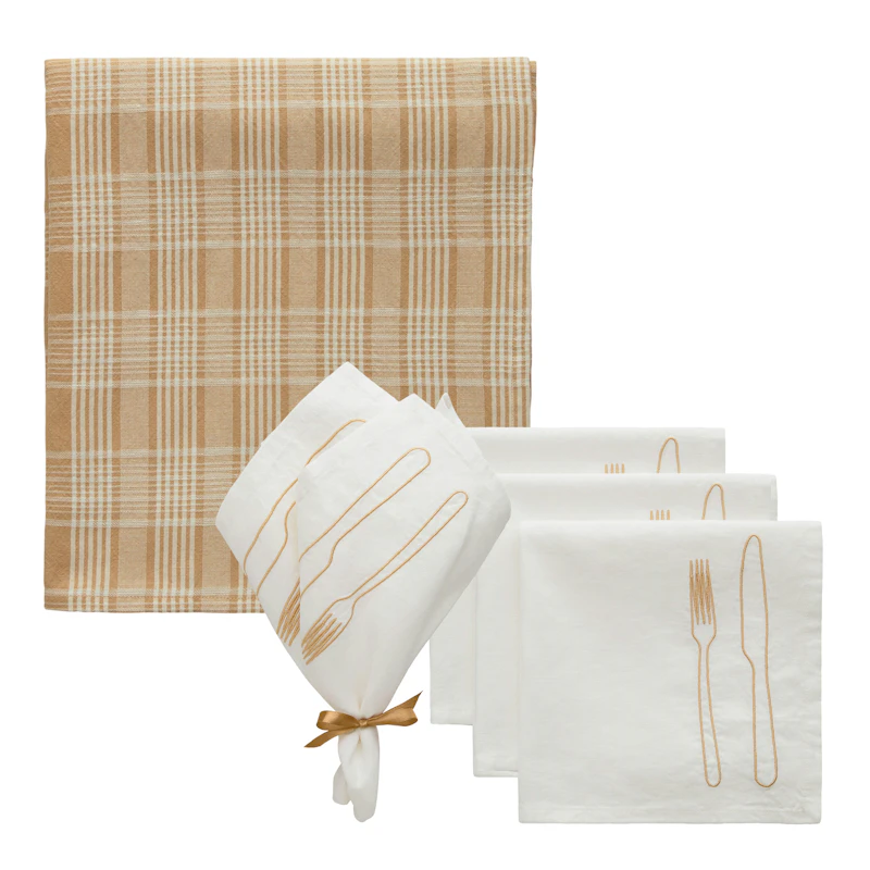 La Tavola / Rita Textile Set 4 Napkins + Tablecloth, White / Beige / Latte