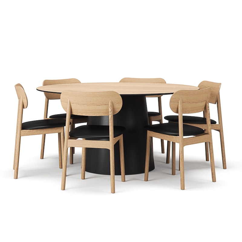 Social/Elephant Table Set 150 cm, Natural Oak / Black Oak / Black Leather