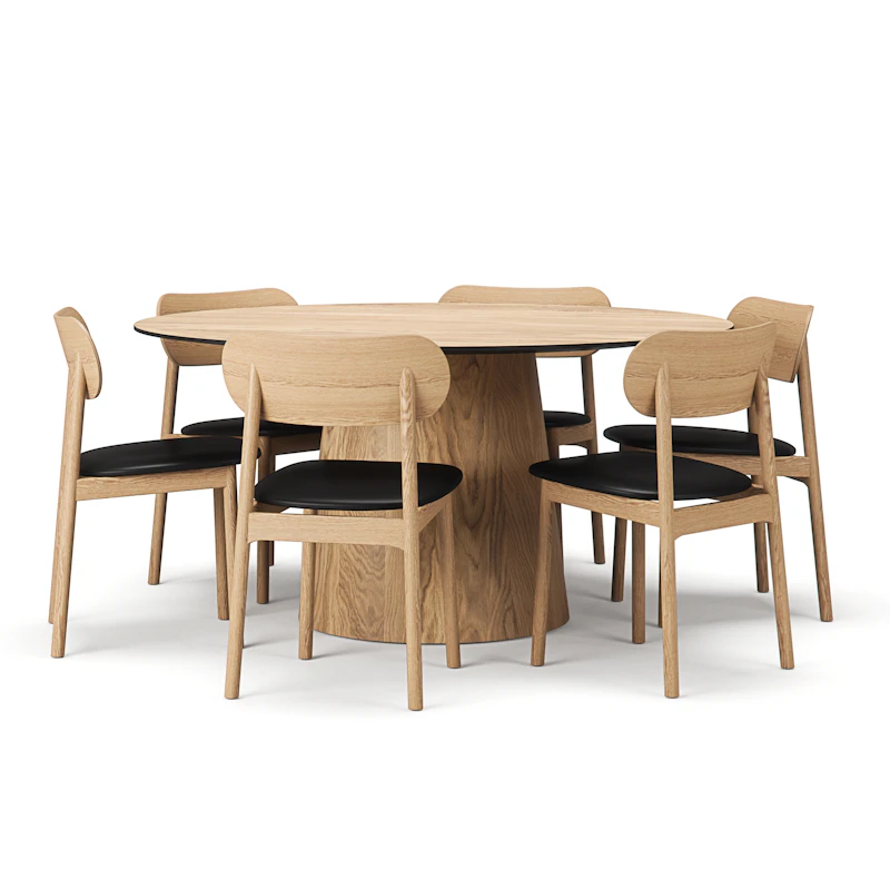 Social/Elephant Table Set 150 cm, Natural Oak / Black Leather