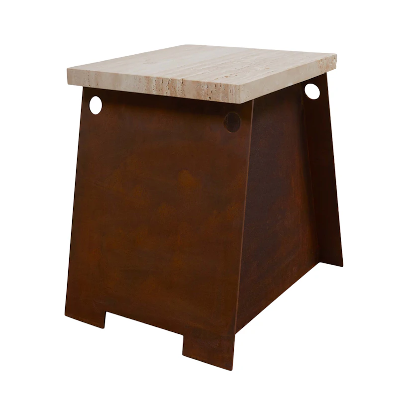 64 Side Table, Corten / Travertine