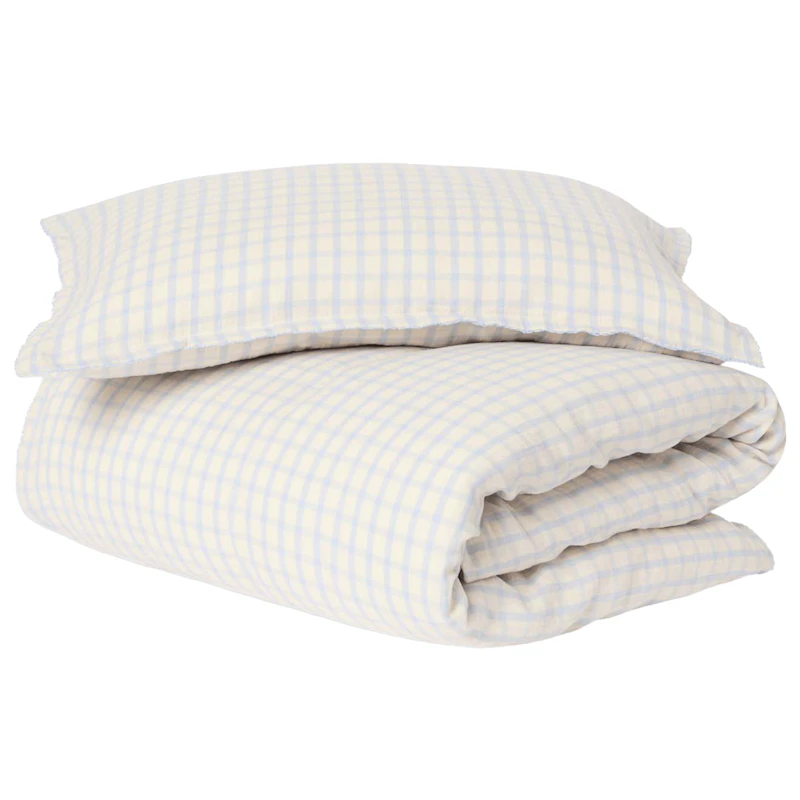 Gingham Sky Blue Muslin Bed Set Junior, 100x130 + 35x55 cm