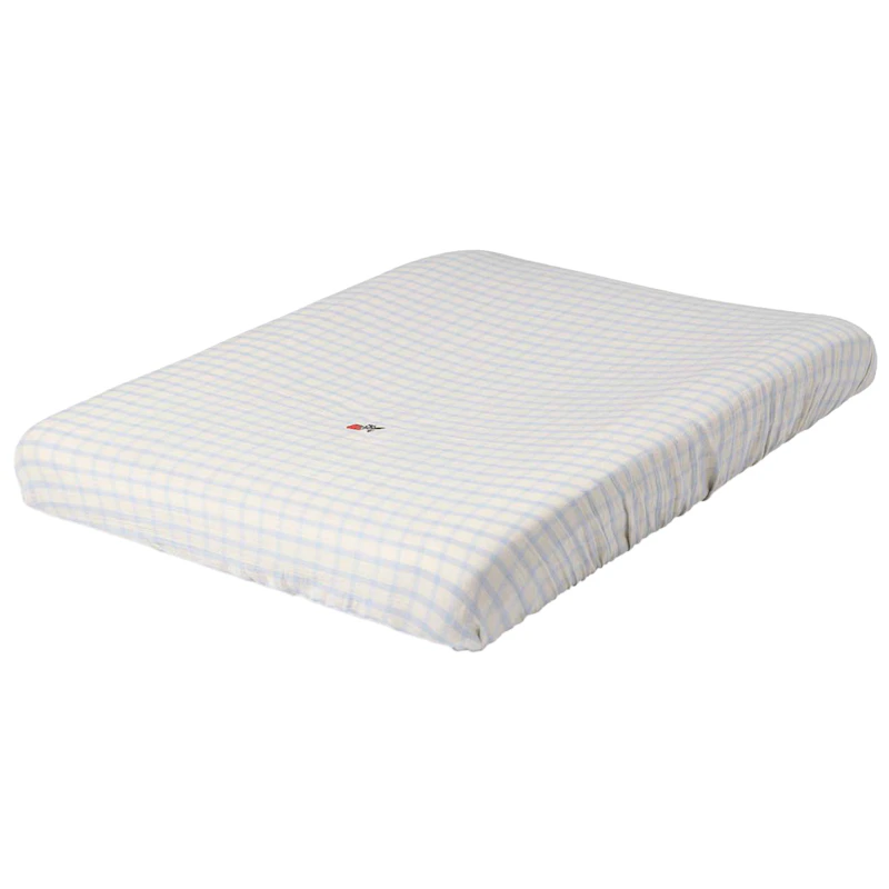 Gingham Sky Blue Muslin Changing Mat Cover, 50x70 cm