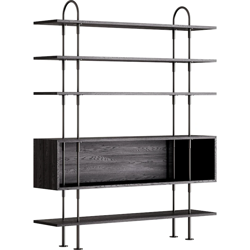 Keen Shelving System With 4 Shelves / 1 Box Shelf 160 cm, Black Brass / Black-brown stained Ash
