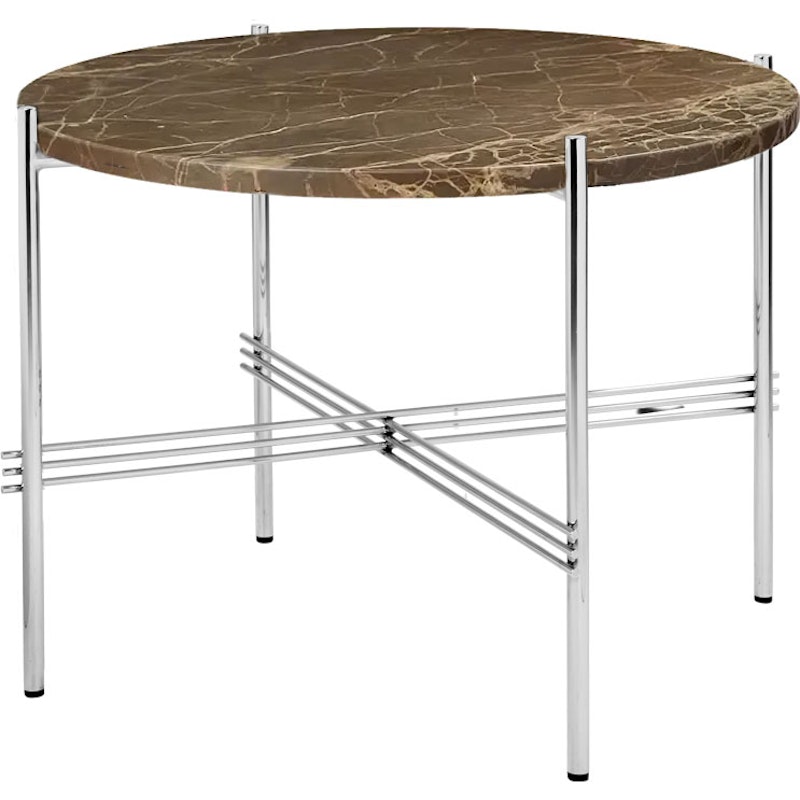 TS Coffee Table 55 cm, Polished Steel / Brown Emperador marble