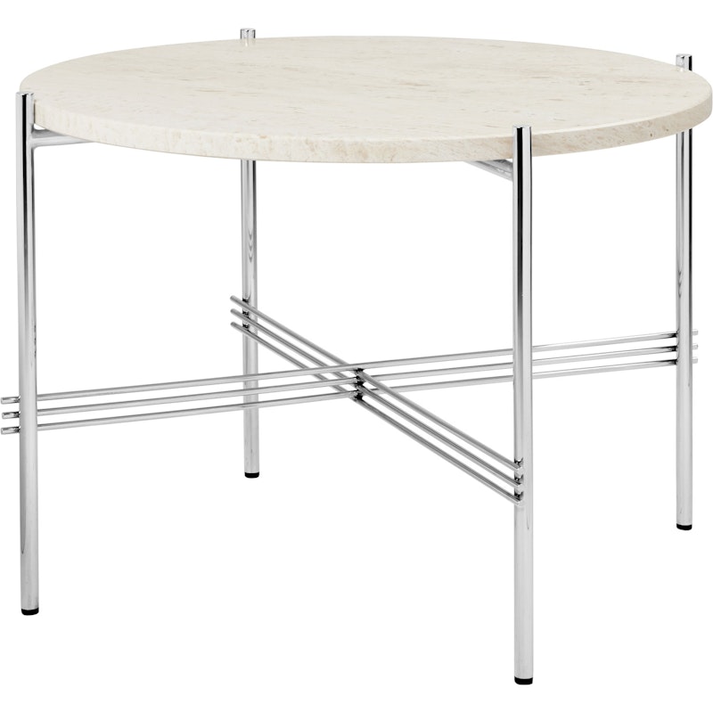 TS Coffee Table 55 cm, Polished Steel / Neutral white Travertine