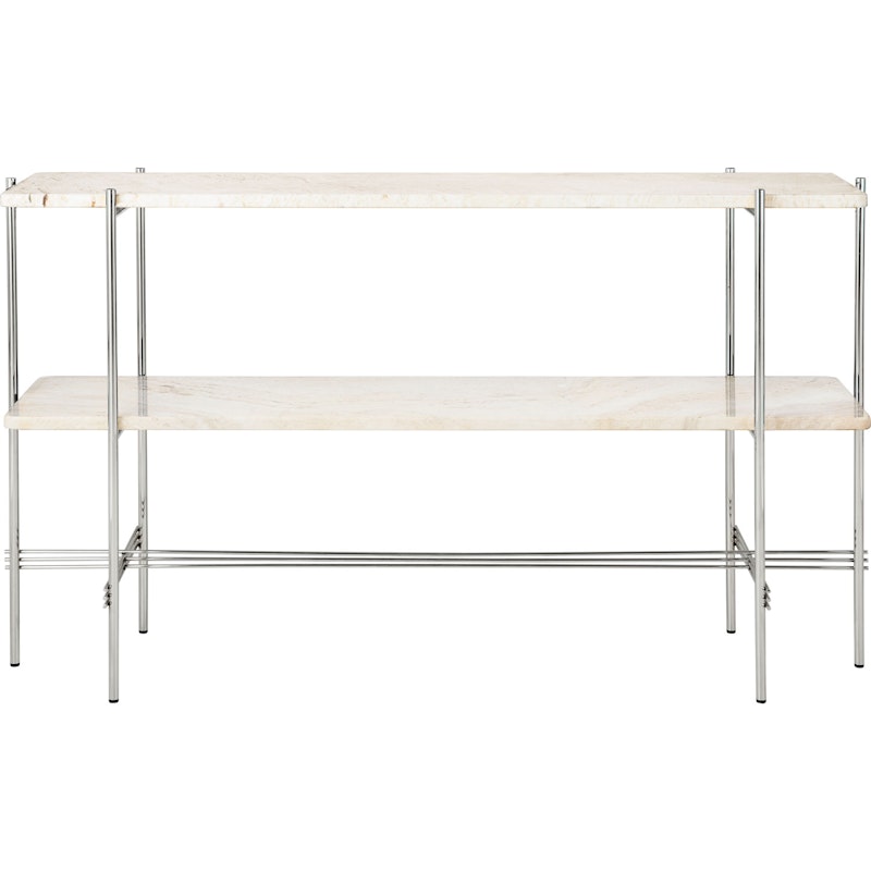 TS Console Side Table 120x30x72 cm, Polished Steel / Neutral white Travertine