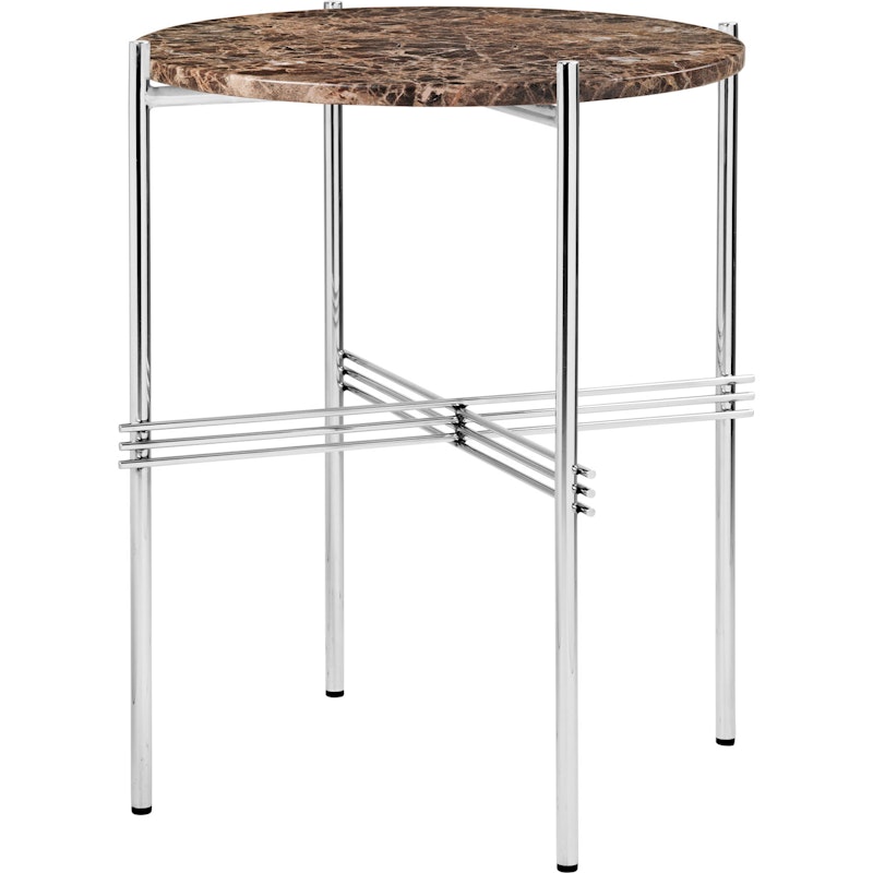 TS Side Table 40 cm, Polished Steel / Brown Emperador marble