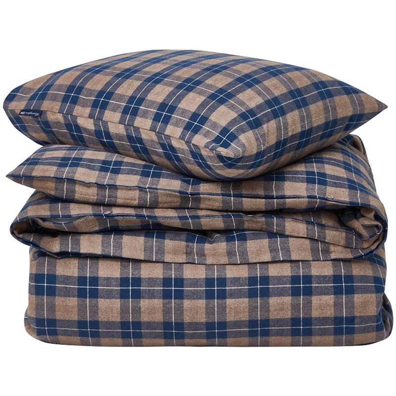 Checked Cotton Flannel Bed Set 150x210/50x60 cm, Denim Blue/Beige