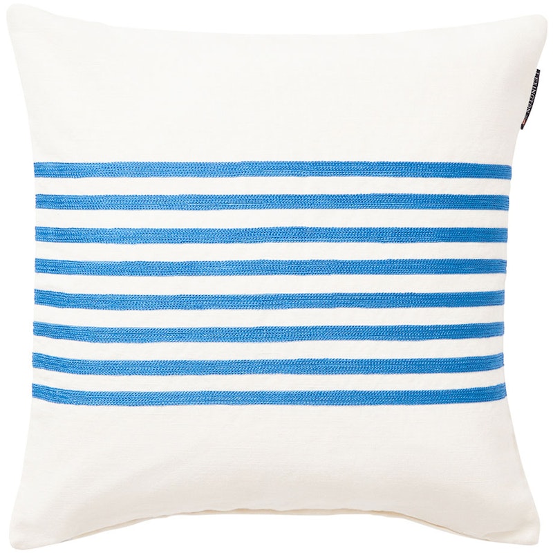 Embroidery Striped Linen/Cotton Cushion Cover 50x50 cm, Blue/Off-white