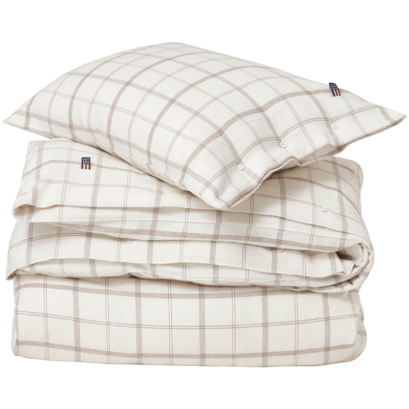 Checked Cotton Flannel Bed Set 220x220/50x60 cm, White/Brown