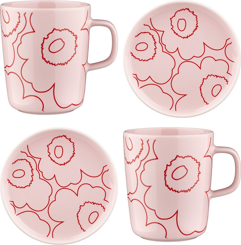 Piirto Unikko Set With Cups & Plates, Pink / Red