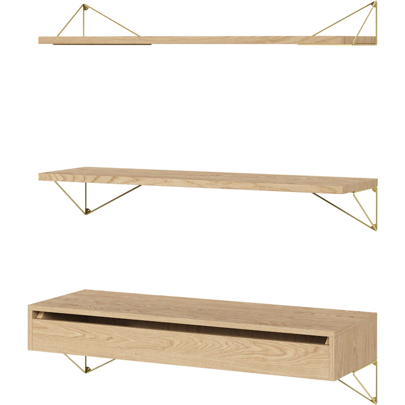 Pythagoras Shelf Set With Drawer L, Oak / Brass