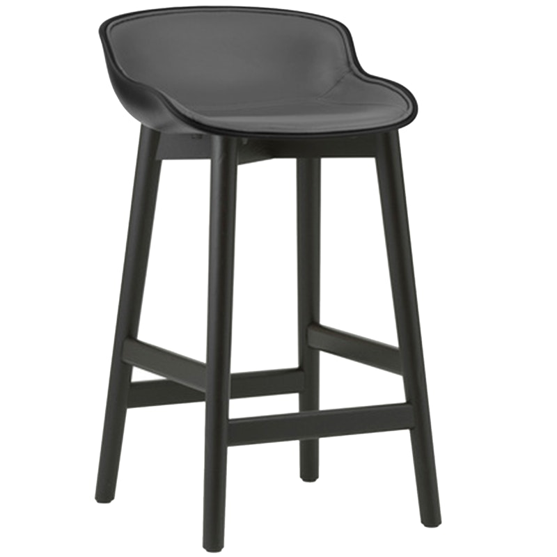 Hyg Bar Stool 65 cm, Upholstered Front, Black Leather / Black Oak