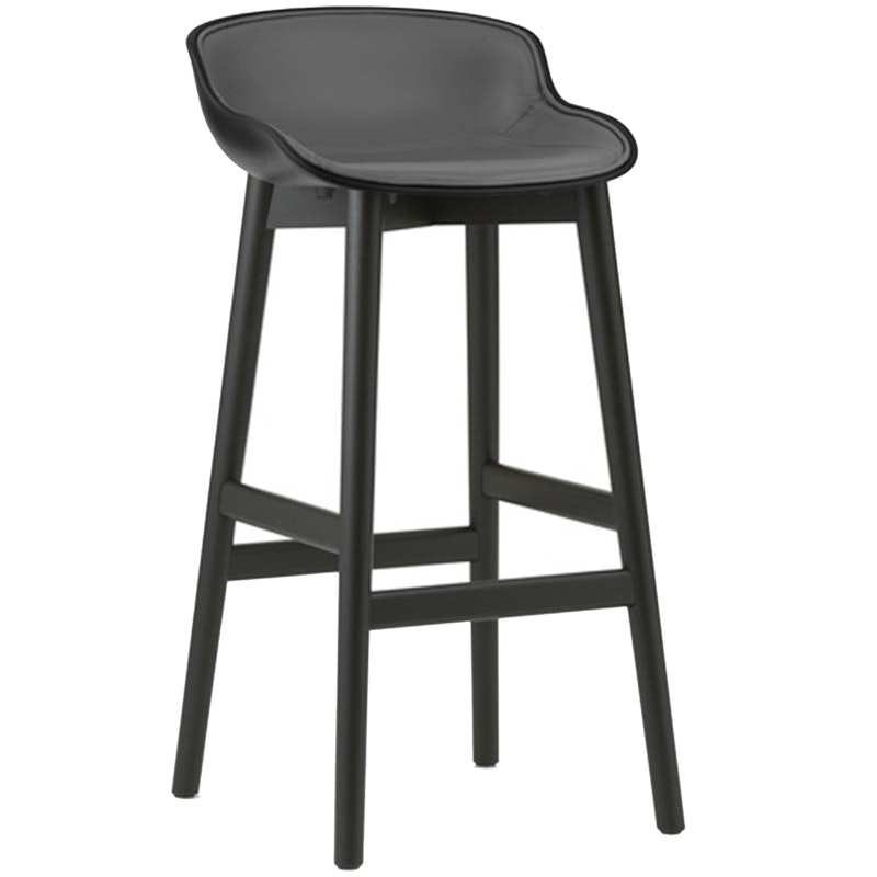 Hyg Bar Stool 75 cm, Upholstered Front, Black Leather / Black Oak