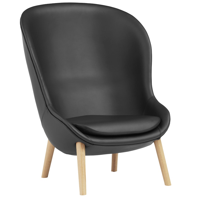 Hyg Armchair High, Black Leather / Oak