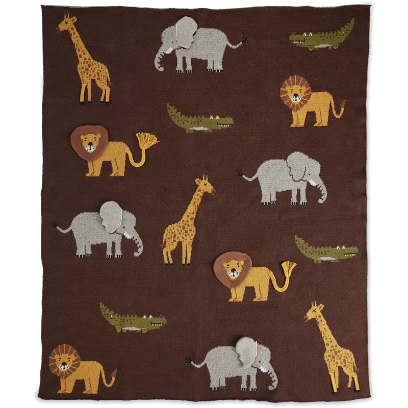 Baby Blanket Knitted With Animals & 3D Details, Chocolate