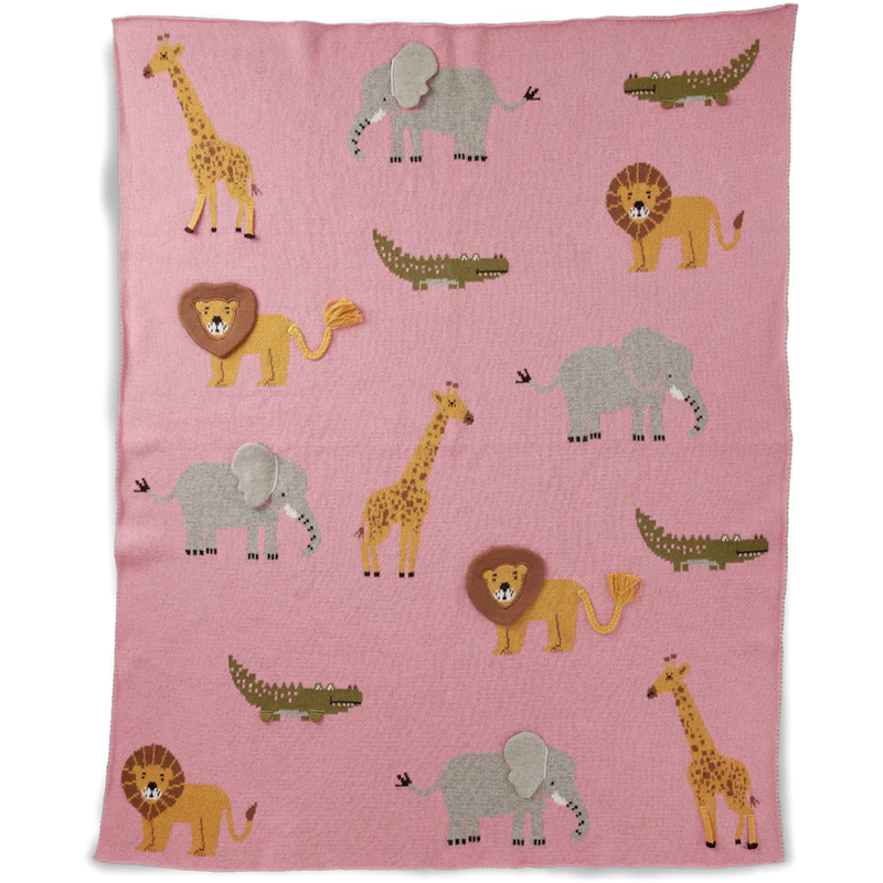 Baby Blanket Knitted With Animals & 3D Details, Pink