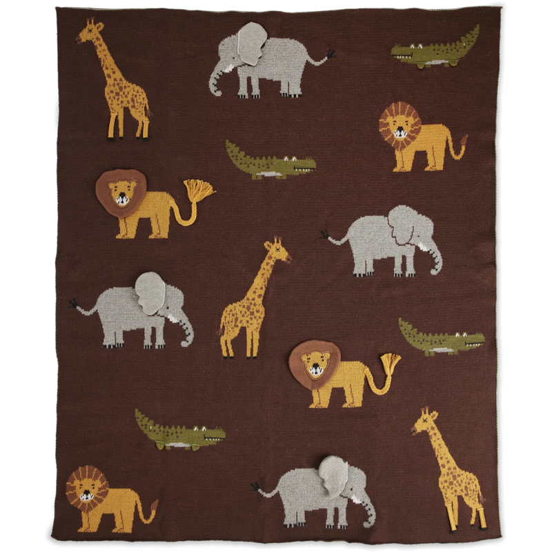 Baby Blanket Knitted With Animals & 3D Details, Chocolate