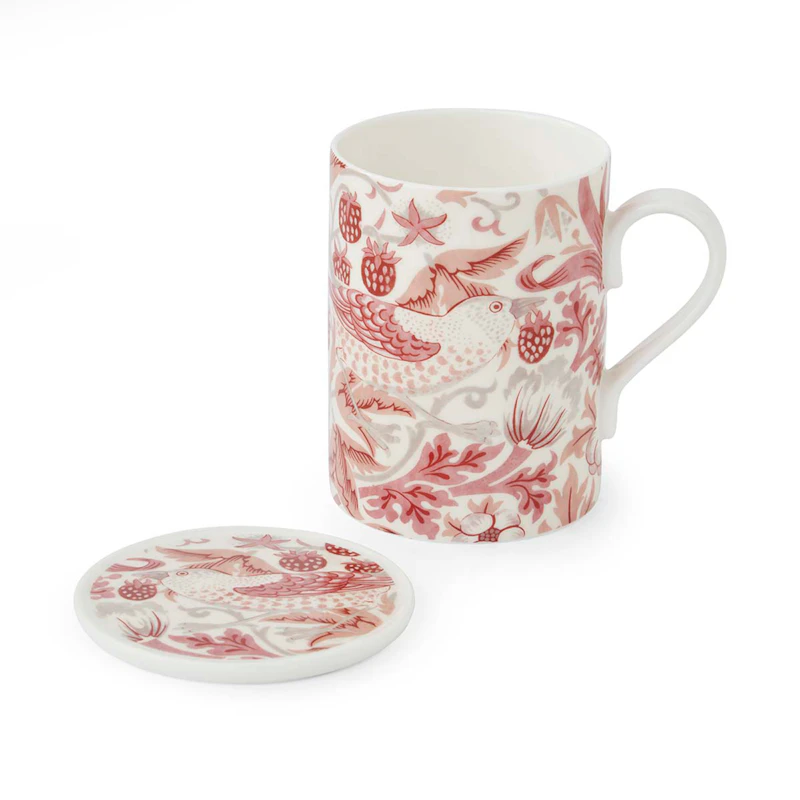 William Morris & Co Mug + glass coasters, Strawberry Thief / Madder
