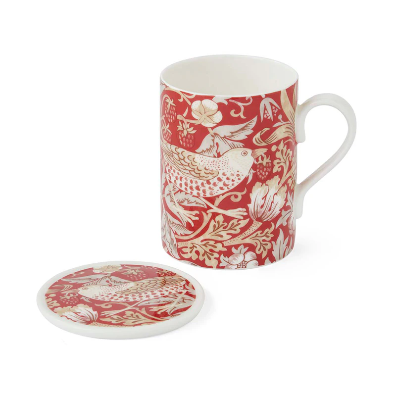 William Morris & Co Mug + glass coasters, Strawberry Thief / Indian Red