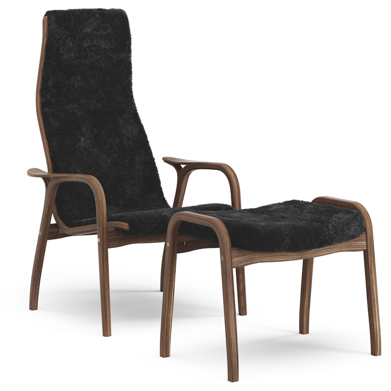 Lamino Armchair With Footstool, Natural lacquered Walnut / Sheepskin Black