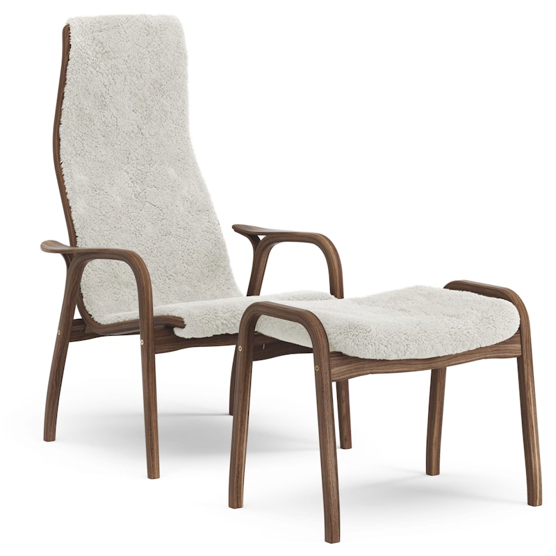 Lamino Armchair With Footstool, Natural lacquered Walnut / Sheepskin Off-white