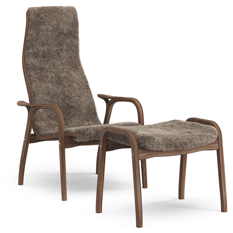 Lamino Armchair With Footstool, Natural lacquered Walnut / Sheepskin Sahara