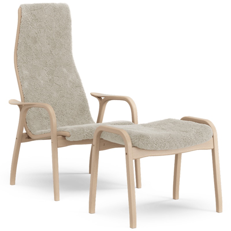 Lamino Armchair With Footstool Sheepskin, Moonlight / Lacquered Beech