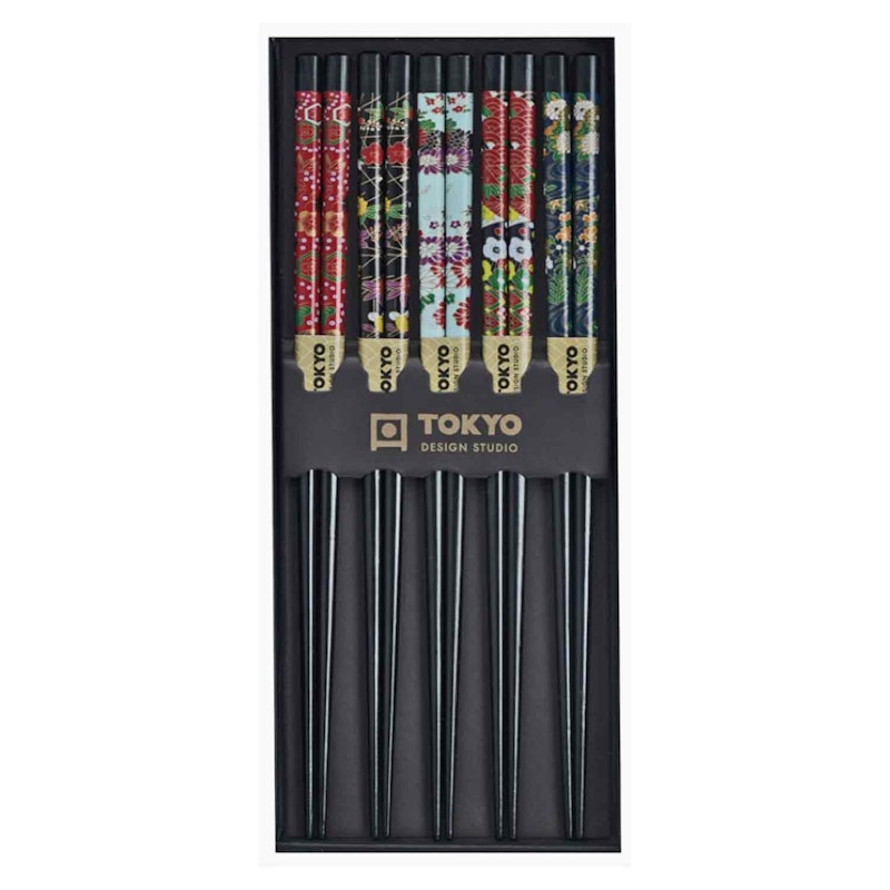 Chopsticks 5-pack, Black Flower