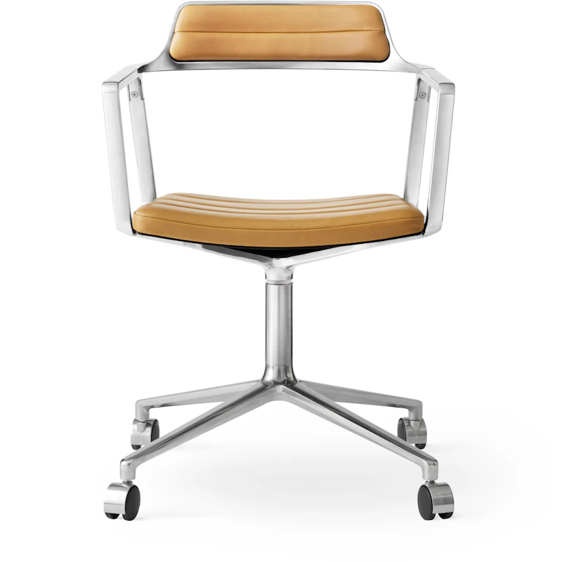 452 Swivel Chair With Wheels, Polished Aluminium / Camel Coloured Leather