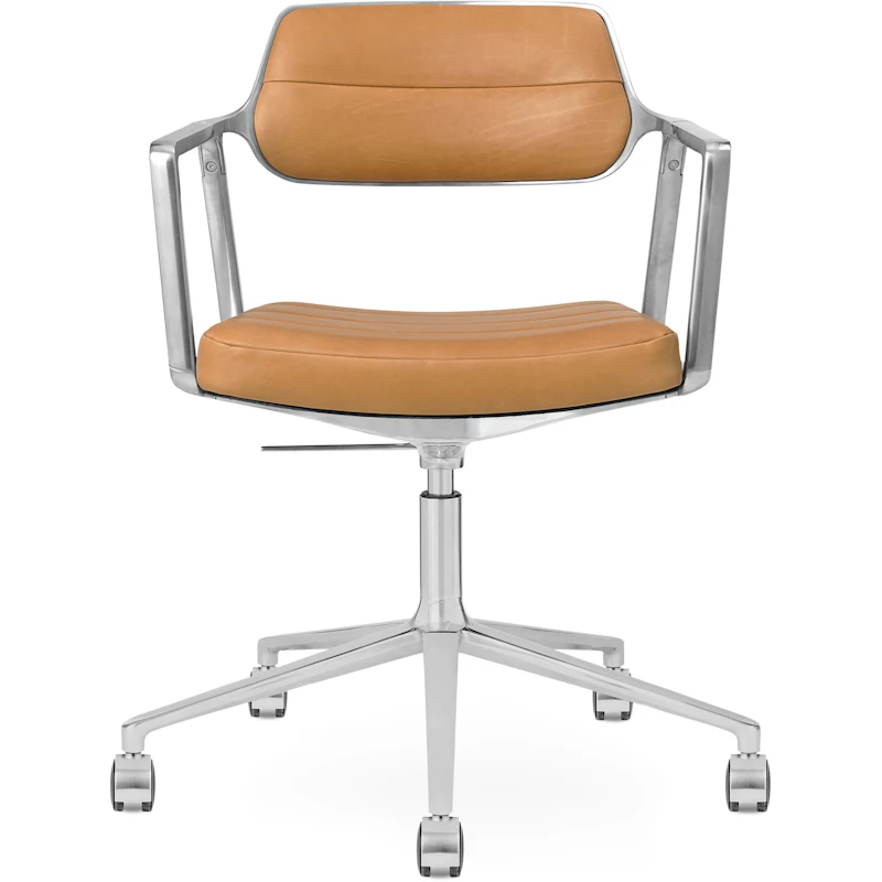 453+ Swivel Chair With Wheels, Polished Aluminum / Camel Leather