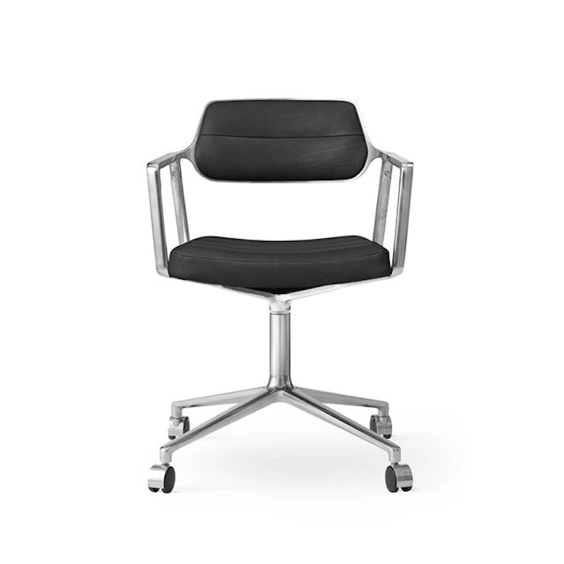 453 Swivel Chair With Wheels Aluminium/Black Leather